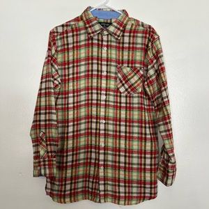 Bogari Tartan Flannel‎ Casual Button Up Shirt Mens Size L Red Green Yellow